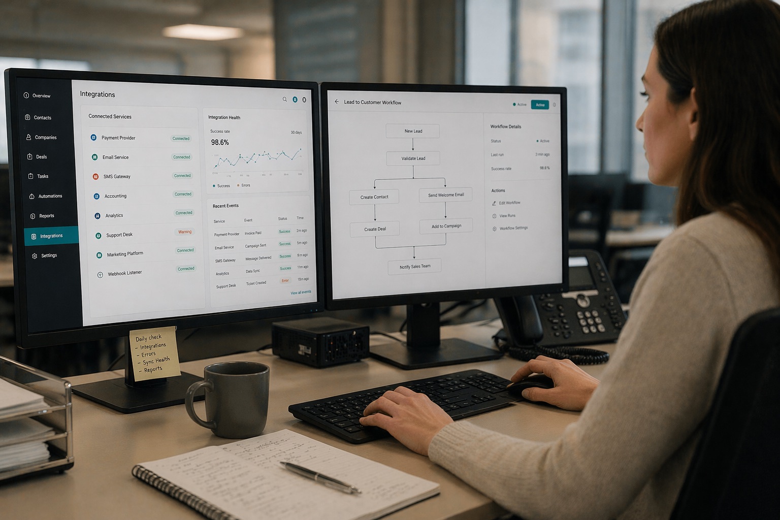 Дашборд CRM и схема интеграции внутренних и внешних сервисов